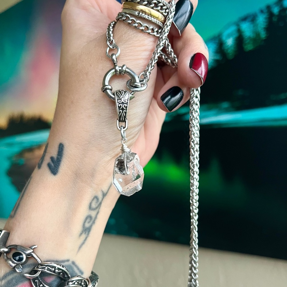 Genuine big herkimer diamond stainless steel wheat chain clasp in front necklace - Picture 8 of 15